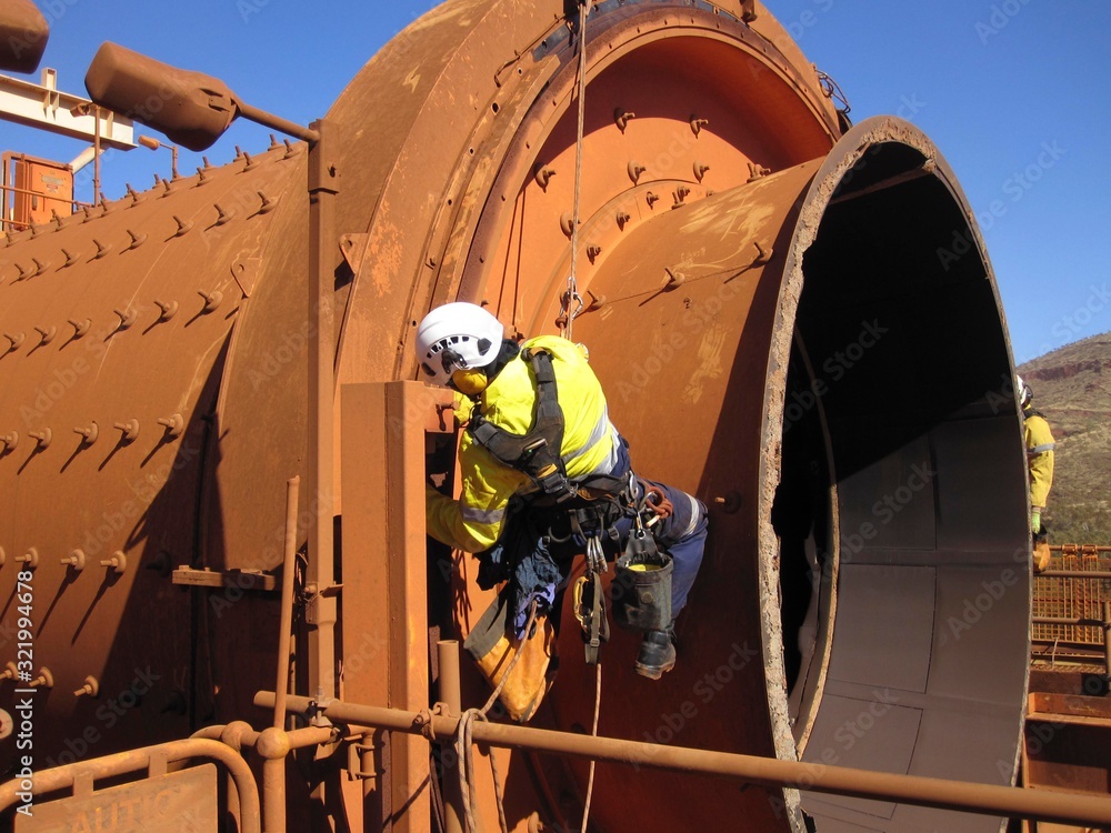 Closeup pictures of rope access industrial inspector fitters