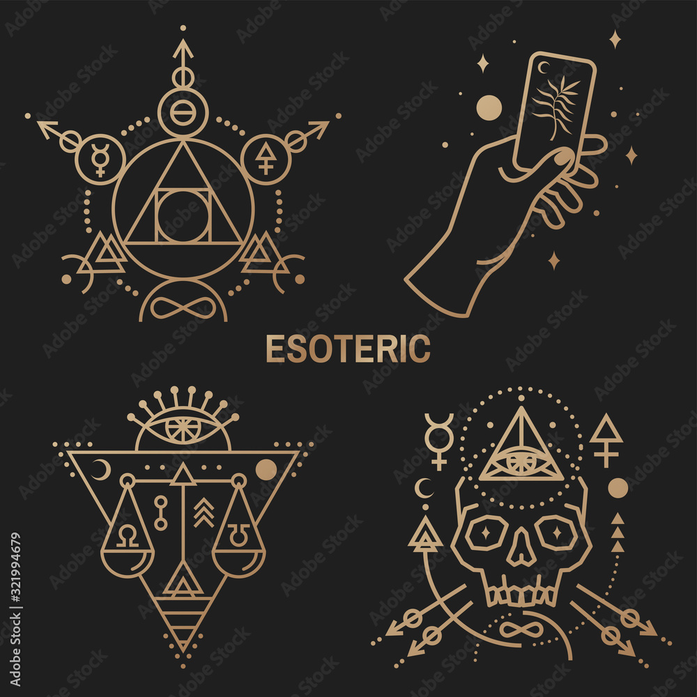 Gold esoteric symbols. Vector. Thin line geometric badge. Outline icon ...