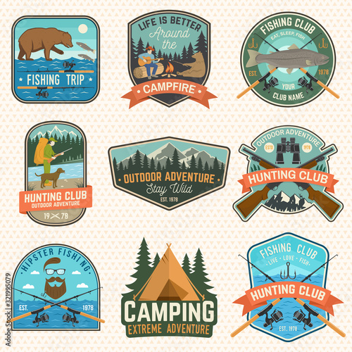 Set of hunting and fishing club patches. Vector. Concept for shirt, logo, stamp, patch. Vintage design with hunter with a dog, fish rod, rainbow trout, hook, bear and forest silhouette