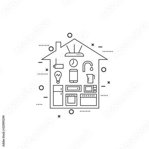 Thin line flat design of smart house appliances. Vector