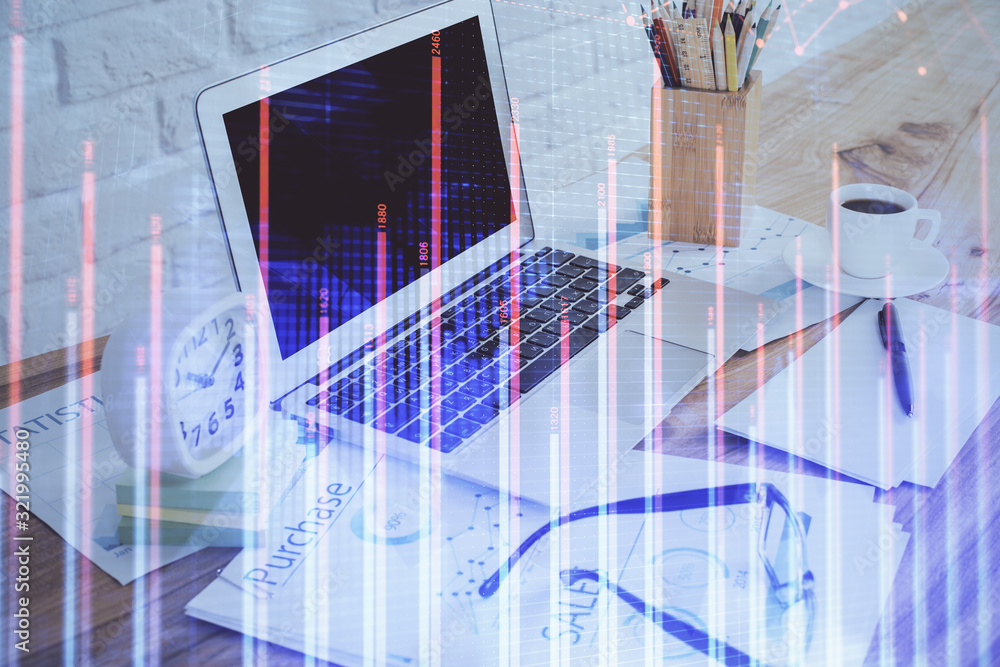 Stock market graph and table with computer background. Multi exposure. Concept of financial analysis. Stock market graph and table with computer background. Multi exposure. Concept of financial analysis.