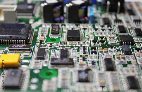 Closeup of electronic circuit board or PCB printed circuit board