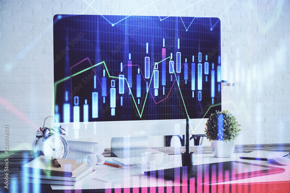 Stock market graph on background with desk and personal computer. Multi exposure. Concept of financial analysis. Stock market graph on background with desk and personal computer. Multi exposure. Concept of financial analysis.