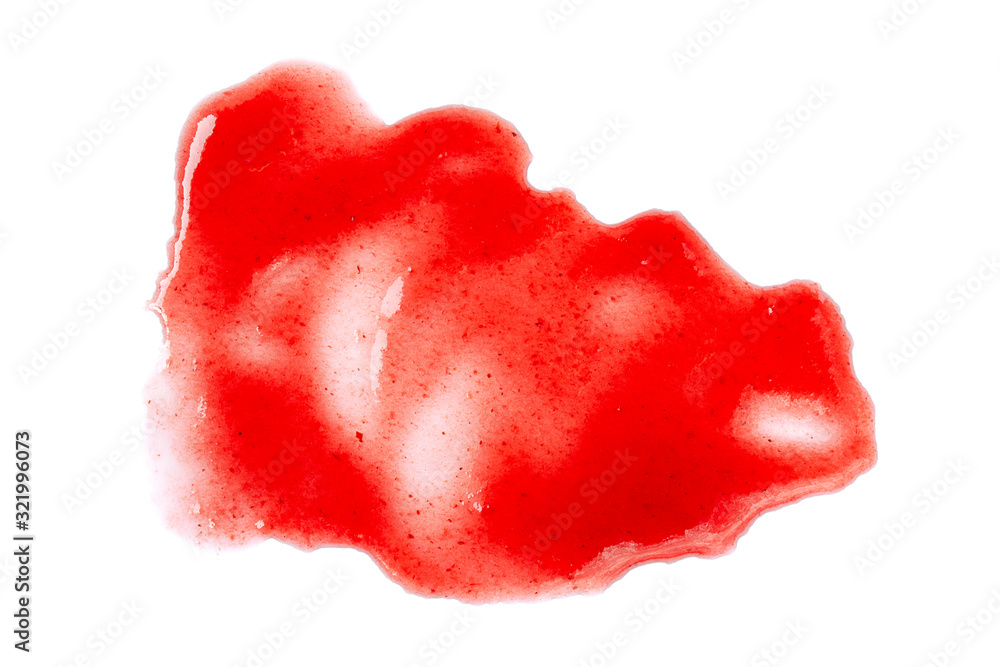 Cranberry jam on a white background, top view. Spot of red marmalade isolated on a white background. Stains of strawberry confiture, top view. Red berry jam. Stain of jam on a white background.