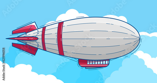 Airship with red stripes on board flying in the clouds