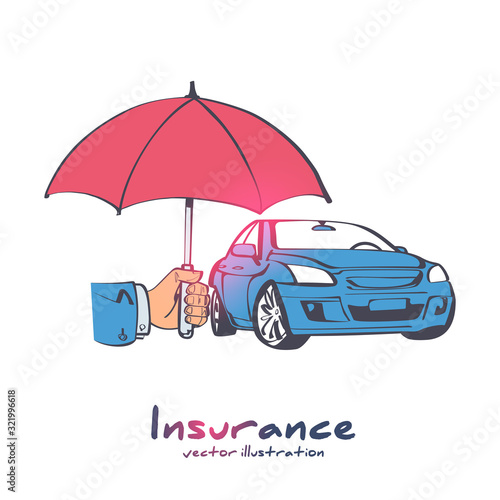 Insurance car. Cartoon style umbrella that protects the car. Safety auto concept. Vector illustration sketch icon design. Isolated on white background. Vehicle protection.