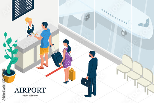 A woman and man with suitcase and a businessman are buying plane tickets. Boarding the plane. Isometric airport interior design. Landing page Web banner, template for promotion. Vector illustration