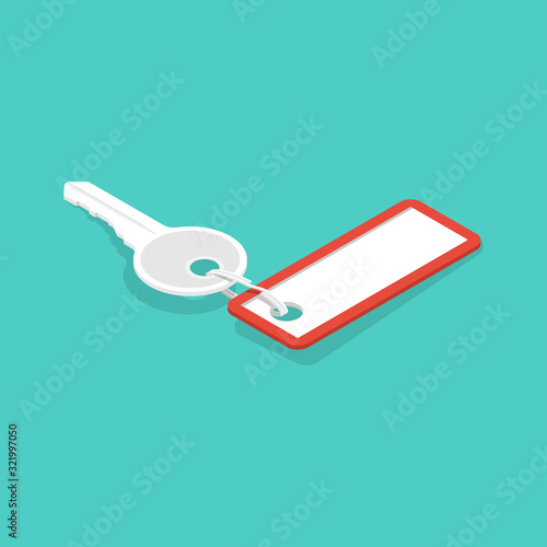 One key with a blank key fob. Vector illustration isometric 3d design. Blank tag and keys. Keychain template with hotel number.
