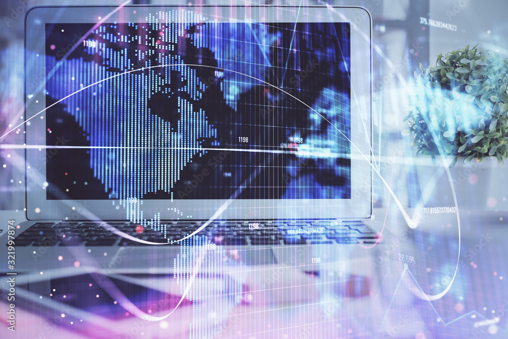 Multi exposure of business theme icons and work space with computer background. Concept of success. Multi exposure of business theme icons and work space with computer background. Concept of success.