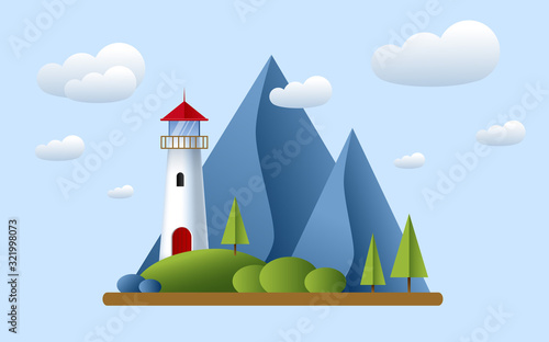 Lighthouse with clouds, mountains, roks andtree. Lighthouse in ocean for navigation illustration. Island landscape. © Elena
