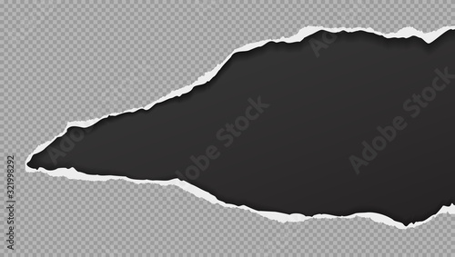 Piece of torn, ripped squared grey paper hole with soft shadow is on black background for text. Vector illustration photo