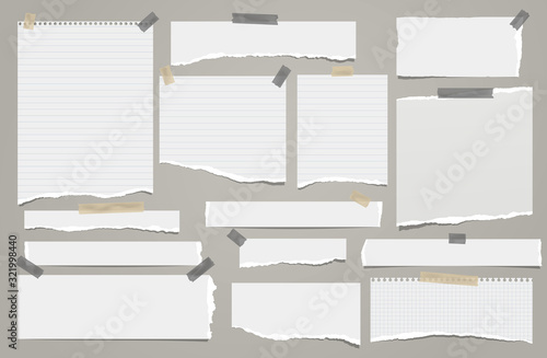Set of torn white lined note, notebook paper strips and pieces stuck with sticky tape on grey background. Vector illustration