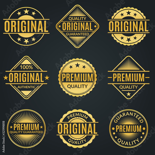 Vintage badge and retro logo set. Original, Premium quality and Guarantee stamp, seal and label collection. Vector illustration.