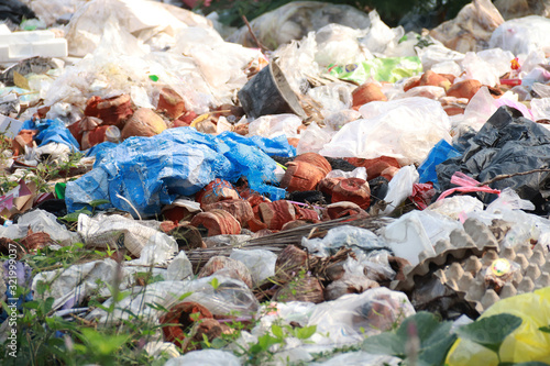 Mountain garbage in the forest. Garbage in the forest - dump in the woods