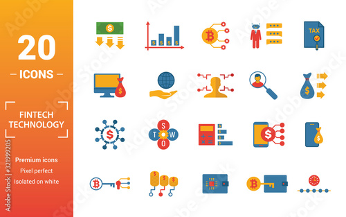 Fintech Technology icon set. Include creative elements basic income, bitcoin technology, online loan, kyc, business model icons. Can be used for report, presentation, diagram, web design