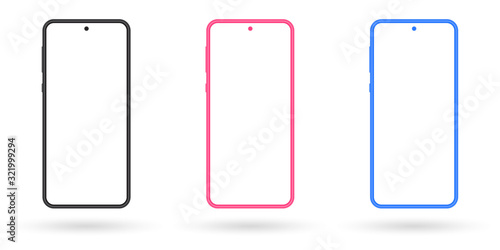 Smartphone mockup set. Mobile phone screen blank. Colorful cellphones isolated on white background. Vector illustration.
