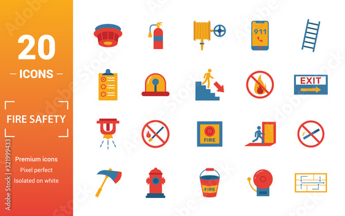 Fire Safety icon set. Include creative elements smoke detector, fire hose, report, no fire, fire sprinkler icons. Can be used for report, presentation, diagram, web design