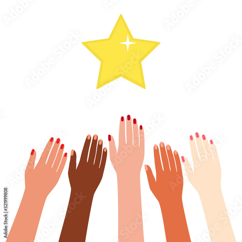 Multicultural hands reach rewards, reach for the stars. Motivation, aspiration, goal, competition, advantage. Illustration for advertising and promotion. Vector illustration isolated