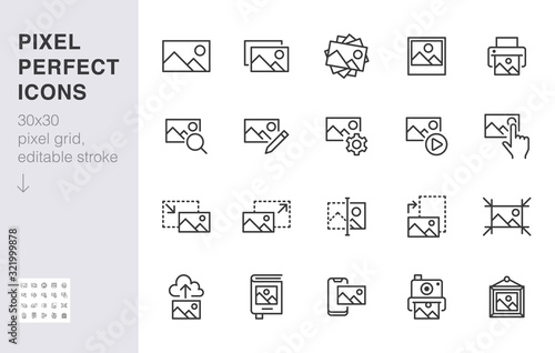 Photo line icon set. Image gallery, picture frame, printer, file resize, camera minimal vector illustrations. Simple outline signs for photos editor application. 30x30 Pixel Perfect. Editable Strokes