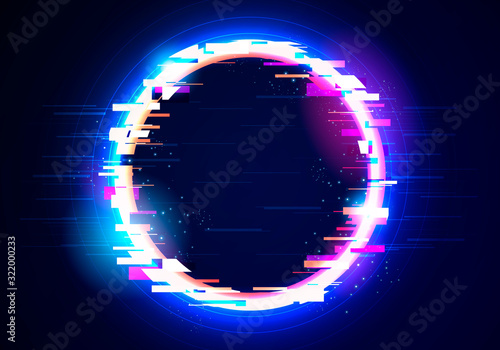 Vector illustration glitch circle frame. Abstract tv distorted signal chaos, glitched ring with distortion light effect.