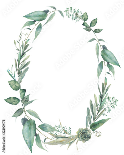 Green plants oval frame. Hand painted invite or greeting card template. Floral wreath isolated on white background.