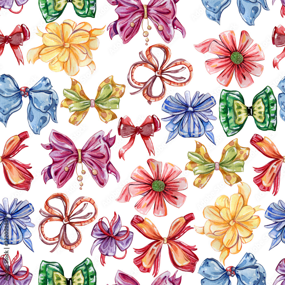 Seamless pattern with watercolor bows. Set in different colors and styles. Holiday design concept for fabric, wallpaper, wrapping paper, prints and poster. Hand drawn illustration