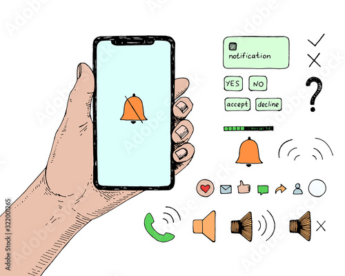 Hand drawn sketch of modern smartphone in hand with set of communication, contact, settings icons. Vector mobile device illustration