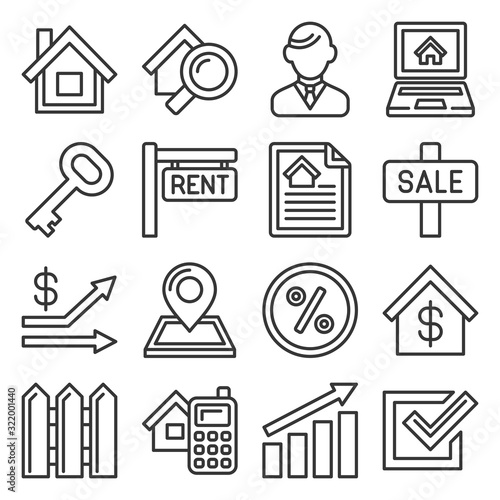 Real Estate Icons on White Background. Line Style Vector photo