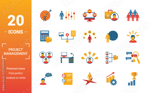 Project Management icon set. Include creative elements goal seeking, virtual team, budget, global management, team cohesion icons. Can be used for report, presentation, diagram, web design