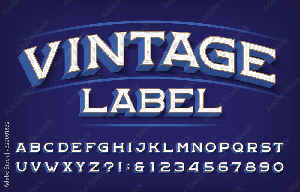 Vintage Label alphabet font. 3D effect retro letters and numbers with shadow. Vector typescript for your typography design.