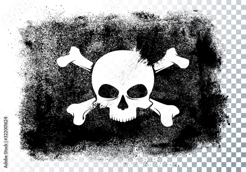 Vector illustration isolated black pirate flag with skull and bones in grunge style.