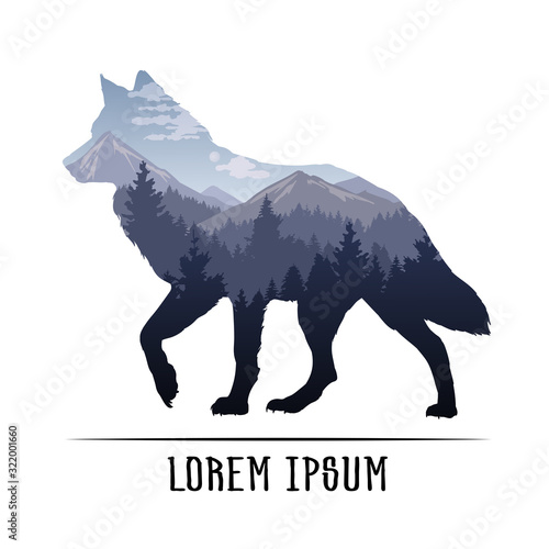 Silhouette of a wolf and wildlife. Vector illustration with mountain landscape. Double exposure with forest and mountain landscape.