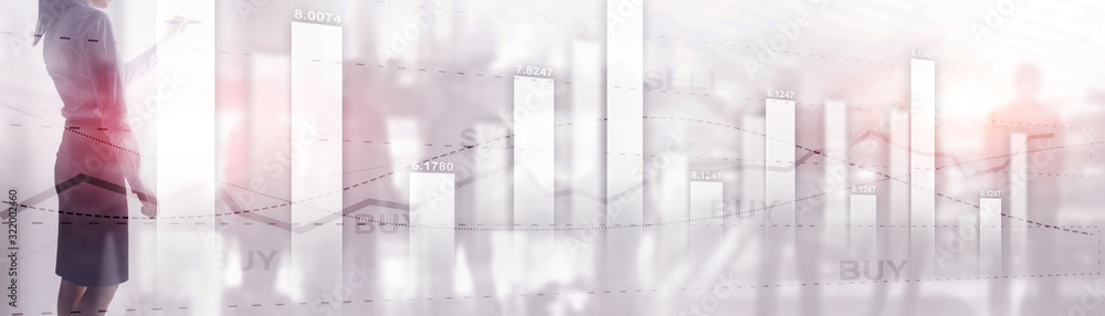 Fototapeta premium Buy and sell finacial concept. Business Graph Stock Market chart. Digital charts and screen interface. Panoramic banner.