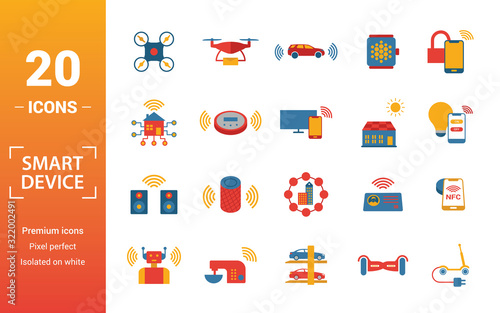 Smart Devices icon set. Include creative elements drone, smart car, smart house, solar battery roof, smart speaker icons. Can be used for report, presentation, diagram, web design