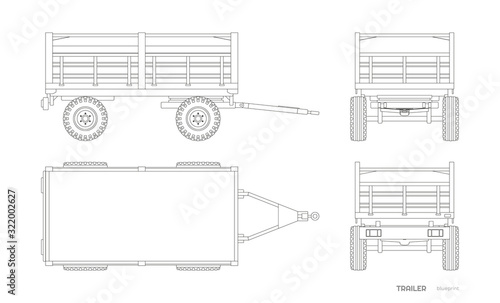 Isolated drawing of tractor trailer in outline style. Side, front and back view of agriculture machinery. Farming machinery on white background. Industrial blueprint