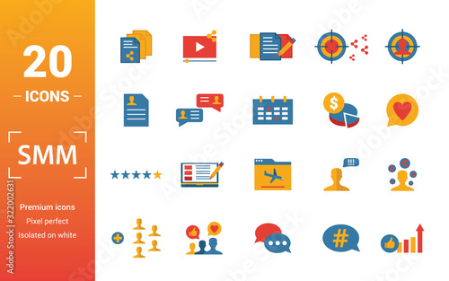 Smm icon set. Include creative elements content, copywriting, user information, budget planning, tops and ratings icons. Can be used for report, presentation, diagram, web design