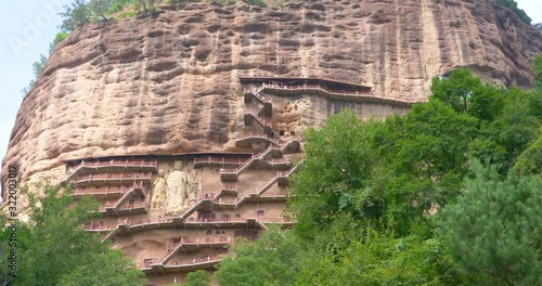 Maijishan Cave-Temple Complex in Tianshui city, Gansu Province China. A mountain with religious caves on the Silk Road