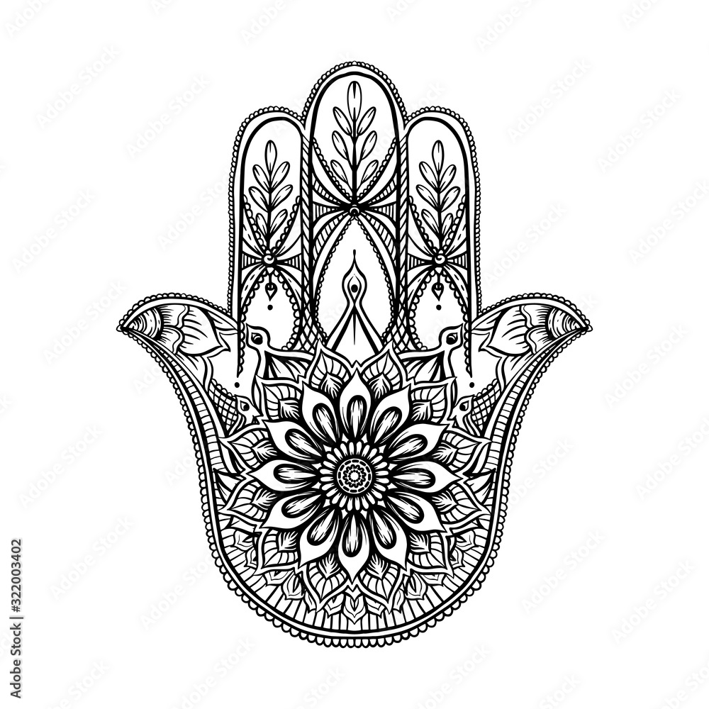 Ornate hand drawn hamsa. Popular Arabic and Jewish amulet. Vector  illustration. Outline vector illustration, isolated on white background.  Векторный объект Stock | Adobe Stock