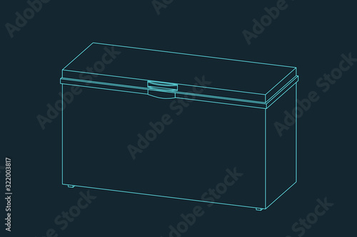Chest freezer. Vector outline illustration. Dimetric projection.