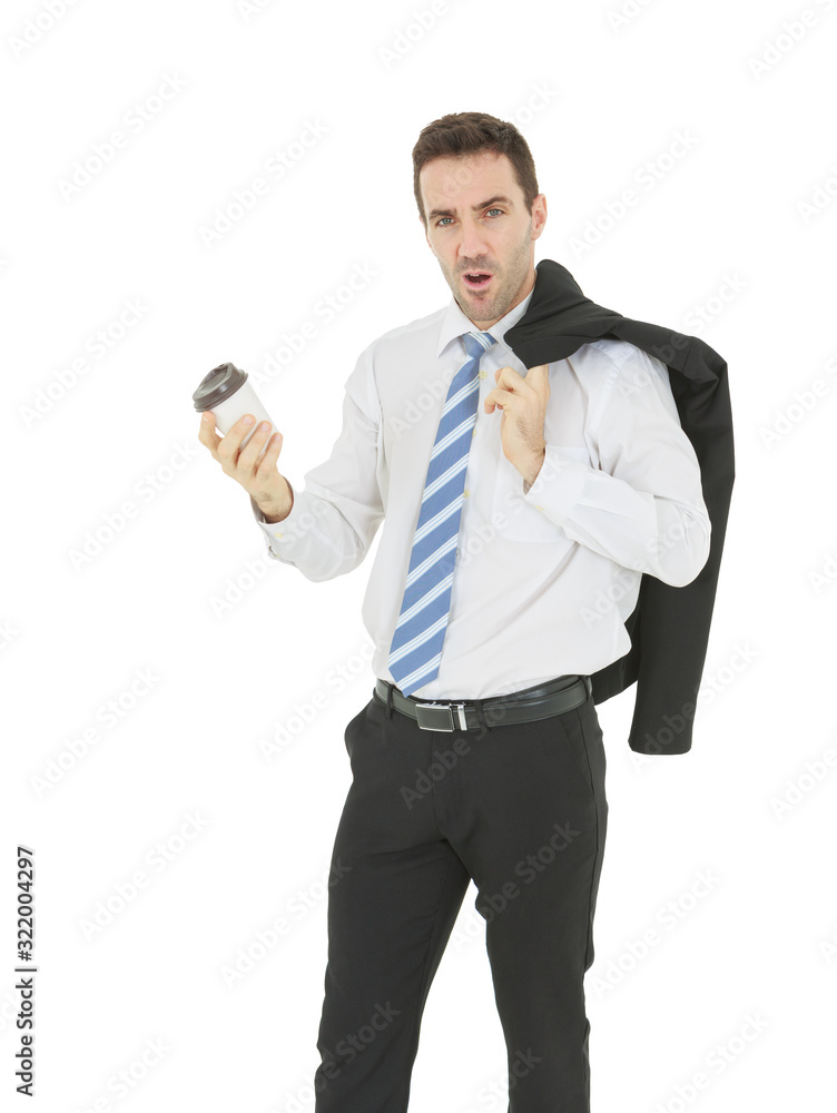 Smart businessman in white shirt holding hot coffee cup isolated on white background Smart businessman in white shirt holding hot coffee cup isolated on white background