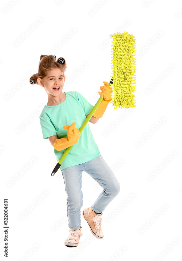 Little housewife with floor brush on white background Little housewife with floor brush on white background