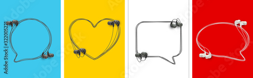 Innovative music quotation template speech bubble set in headphones quotes isolated on backdrop. Creative banner illustration set with quote frame wire with quotes headset modern design cloud remark