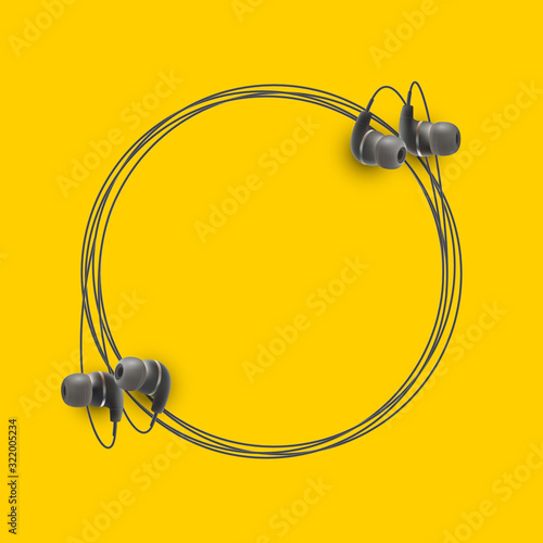 Innovative music quotation template in headphones quotes isolated on backdrop. Creative banner illustration with quote in a frame wire with Black quotes. speech bubble Template modern headset design.