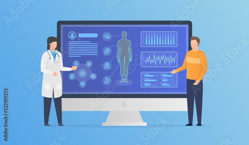 human body health analysis with doctor and patient consultation with modern infographic modern flat style