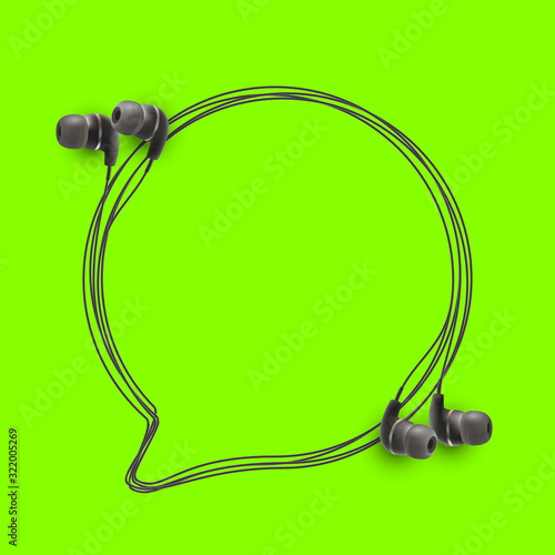 Innovative music quotation template in headphones quotes isolated on backdrop. Creative banner illustration with quote in a frame wire with Black quotes. speech bubble Template modern headset design.