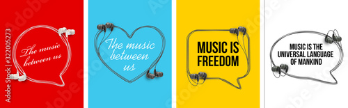 Innovative music quotation template speech bubble set in headphones quotes isolated on backdrop. Creative banner illustration set with quote frame wire with quotes headset modern design cloud remark