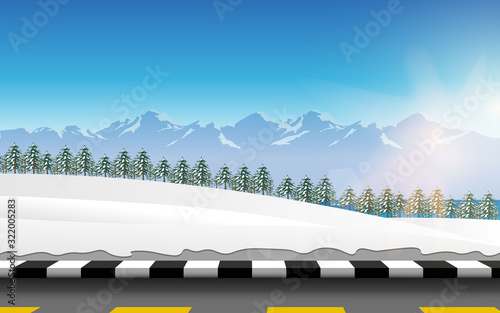 landscape of road in snow forest in the morning