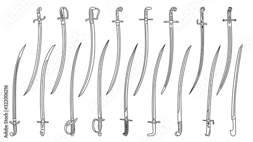 Set of simple monochrome images of saber swords drawn by lines. photo