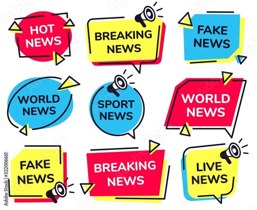 News label. Breaking, live sport and fake news badges vector set. Bundle of modern banners for television broadcasting. Collection of creative flat design elements for newscast TV program, media show.