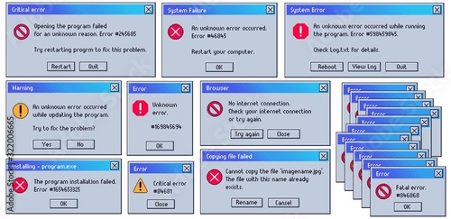 Retro error message. Old user interface system failure window, fatal and critical errors messages. Damaged computer problem warnings vector set. Failed operations or OS crash widgets with buttons. photo